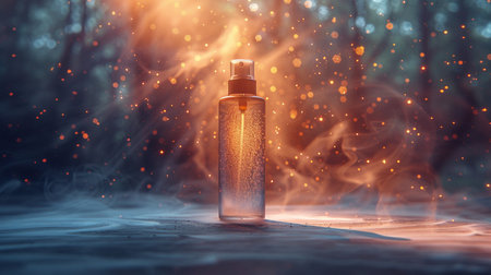 beauty and fashion concept - close up of perfume bottle on forest backgroundの素材