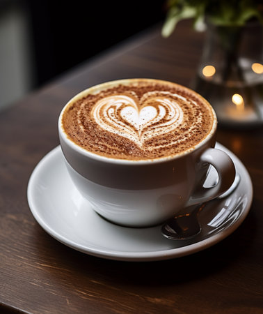 Cup of cappuccino with heart shape on wooden tableの素材