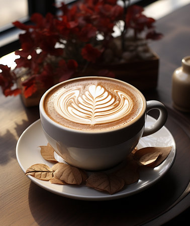 Cup of cappuccino with latte art on wooden tableの素材