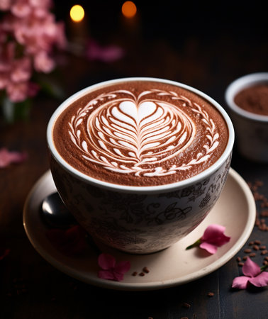 Cup of hot chocolate with heart shape latte art on dark backgroundの素材