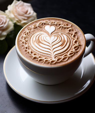 Cup of coffee latte art with white roses on black backgroundの素材