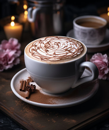 Cup of cappuccino with latte art on dark backgroundの素材