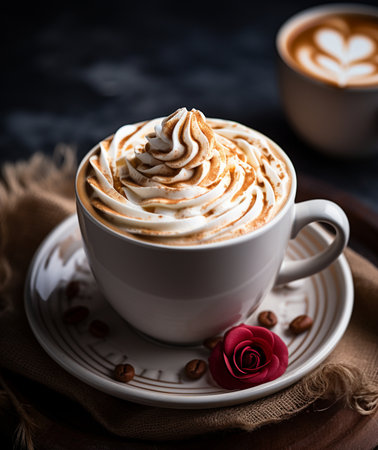 Cappuccino with whipped cream and red rose on a black backgroundの素材