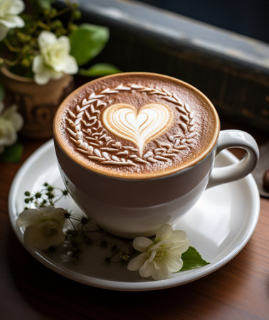 Cup of coffee latte art with white jasmine flowersの素材