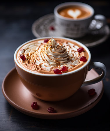 Cup of cappuccino with whipped cream on dark backgroundの素材