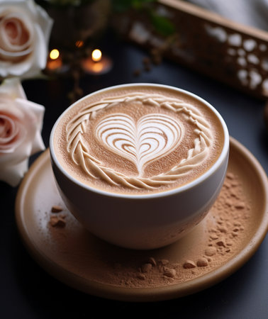 Cup of coffee latte art on black table, stock photoの素材