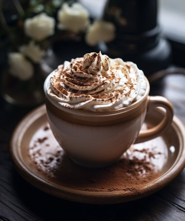 Cappuccino with whipped cream in a cup, selective focusの素材