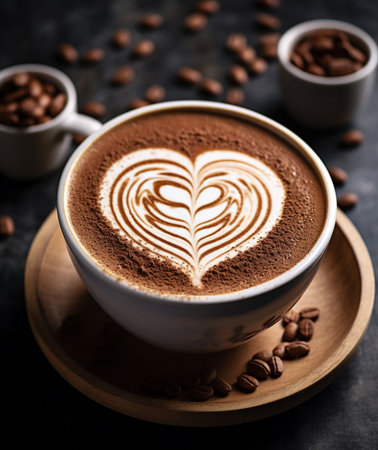 Cup of coffee latte art with heart shape on dark backgroundの素材