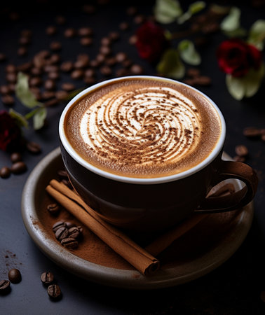 Cup of cappuccino with cinnamon and coffee beans on dark backgroundの素材