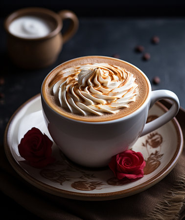 Cup of coffee with whipped cream and red roses on dark backgroundの素材