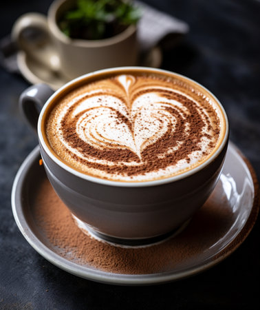 Cup of cappuccino with latte art on dark backgroundの素材