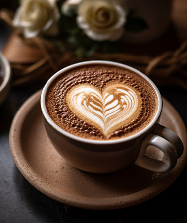 Cup of coffee with heart shape latte art on wooden backgroundの素材