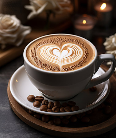 Cup of coffee latte art with heart shape on milk foamの素材