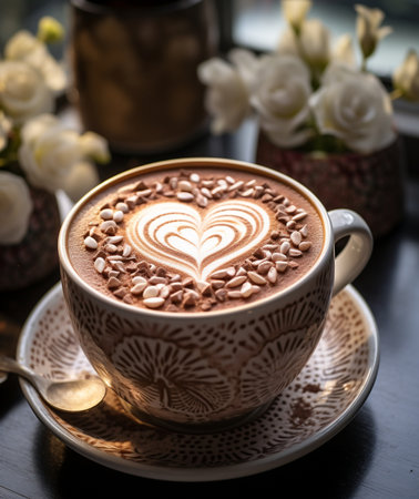 Cup of coffee with latte art on wooden table with flower backgroundの素材