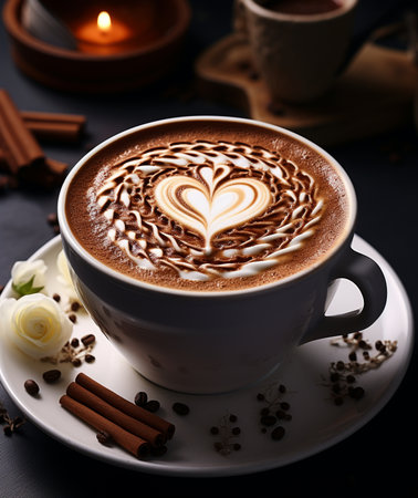 Cup of coffee with latte art on the black background.の素材