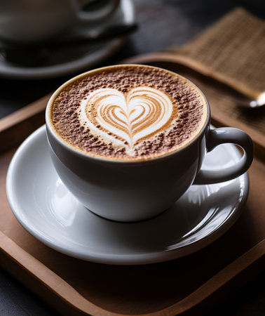 Coffee cup with latte art on wooden table, stock photoの素材