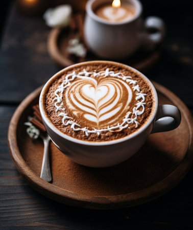 Cup of coffee with latte art on dark wooden background.の素材