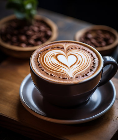 Coffee cup with latte art on wooden table, stock photoの素材