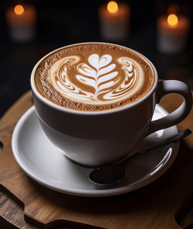 Cup of cappuccino with beautiful latte art on wooden tableの素材
