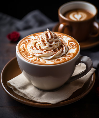 Cappuccino with whipped cream in a cup on a dark backgroundの素材