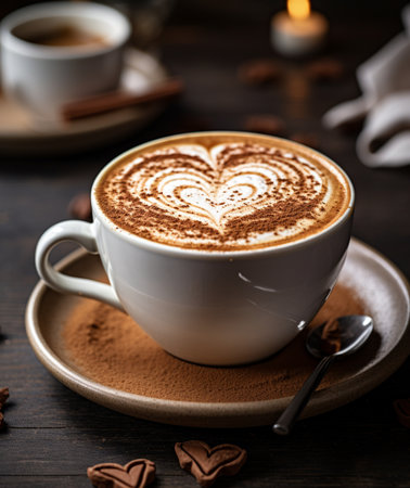 Cappuccino coffee with heart shape on dark wooden background.の素材