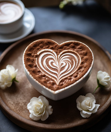 Cup of cappuccino with heart shape and white rosesの素材