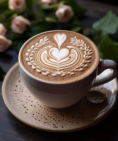 Cup of coffee with latte art on dark wooden background.の素材