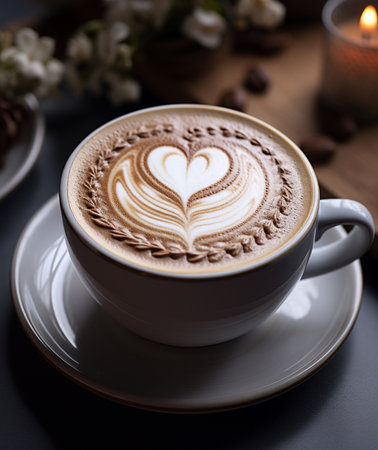 Cup of coffee with latte art on the table, stock photoの素材