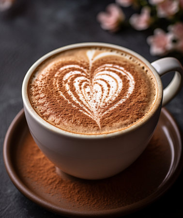Cup of cappuccino with heart pattern on milk foamの素材