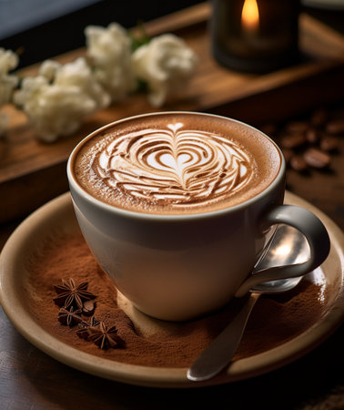 Cup of coffee latte art on wooden tray with jasmine flowersの素材