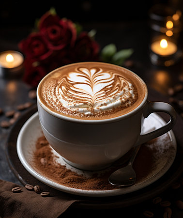 Cup of cappuccino with latte art on dark backgroundの素材