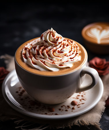 Cup of cappuccino with whipped cream on dark backgroundの素材