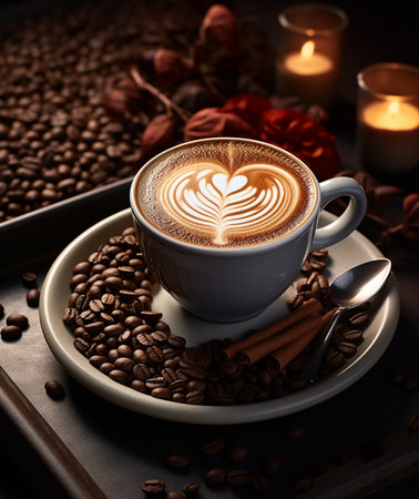 Cup of coffee with latte art on a wooden table.の素材