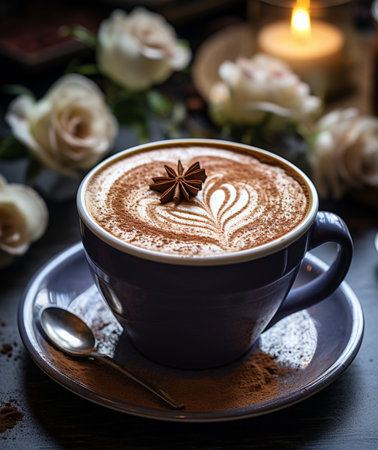 Cup of cappuccino with latte art on wooden backgroundの素材