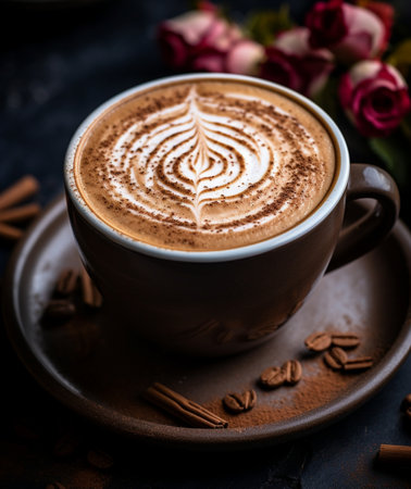 Cup of coffee with latte art on dark background, selective focusの素材