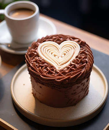 Chocolate cake with heart shape and coffee cup on wooden table.の素材