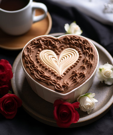 Cup of coffee and chocolate cake with heart shape on dark backgroundの素材