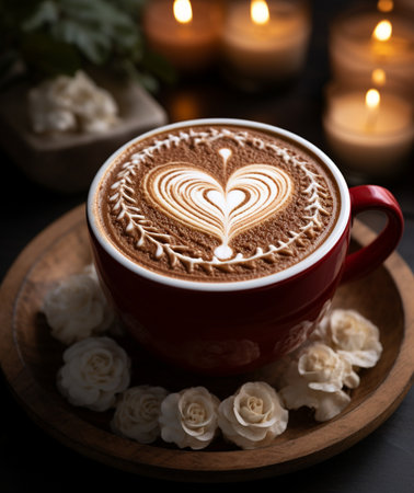 Cup of coffee with heart shape latte art on wooden trayの素材