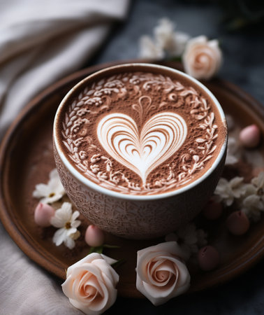 Cup of coffee latte art with heart shape on milk foamの素材