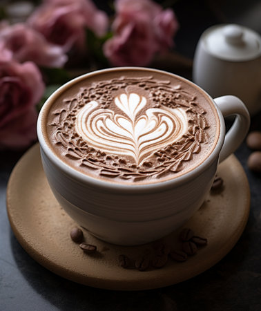 Cup of coffee with latte art on dark stone background.の素材