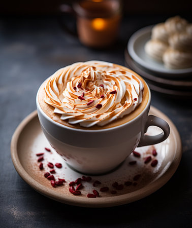 Cappuccino with whipped cream and caramel on a dark backgroundの素材