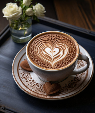 Cup of coffee with heart shape latte art on wooden tableの素材