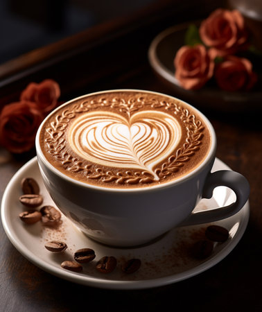 Cup of coffee with latte art on wooden table, close upの素材