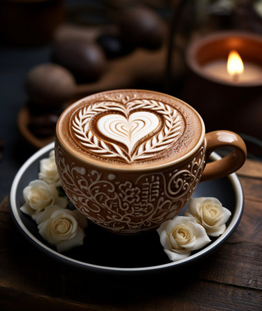 Cup of coffee latte art on a wooden table with white rosesの素材