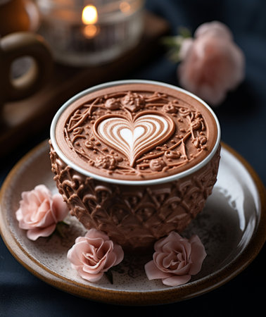 Cup of hot chocolate with heart shape and flowers on dark backgroundの素材