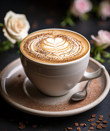 Cup of cappuccino with latte art on black backgroundの素材