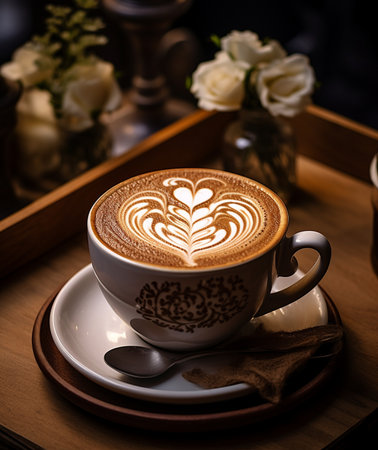 Coffee latte art in a cup on wooden table.の素材