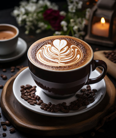 Coffee cup with latte art on black wooden background.の素材