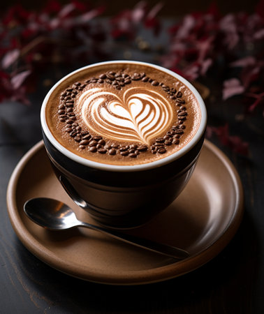 Cup of coffee with latte art on dark wooden background.の素材