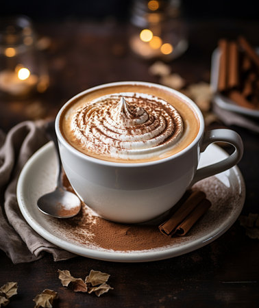 Cup of cappuccino with whipped cream and cinnamon on a dark wooden background.の素材